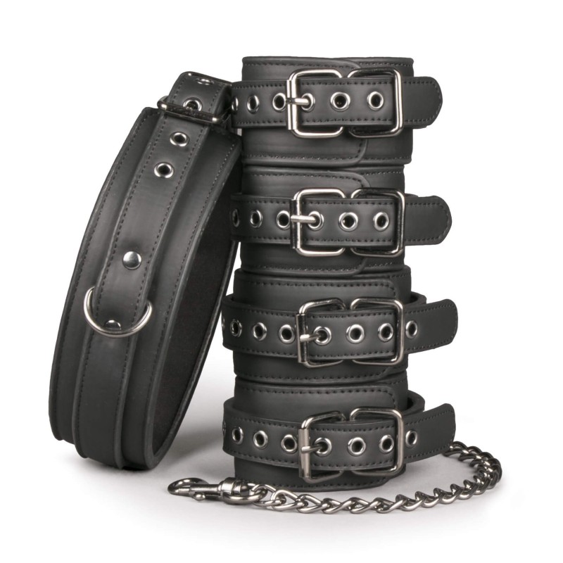 Fetish Set with Necklace and 4 Black Leather Handcuffs ET372