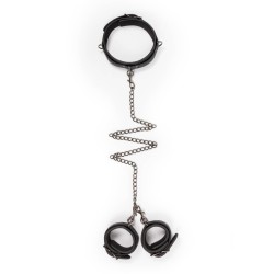 Leather Collar attached with long chain to handcuffs ET278