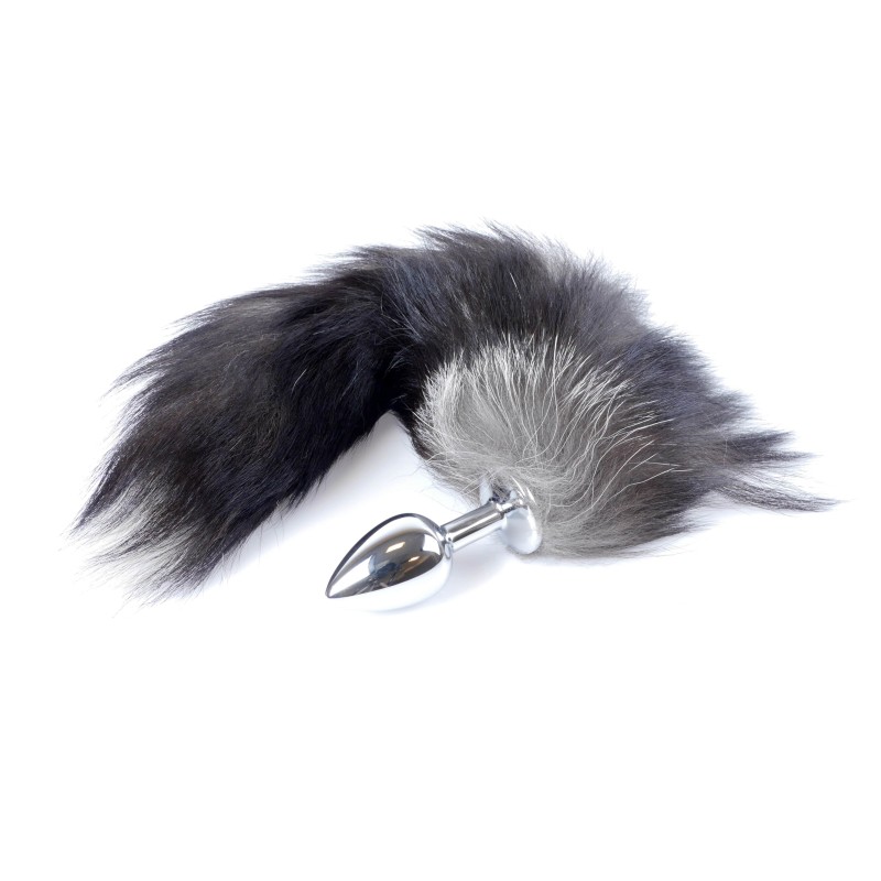 Grey Fox Tail XXL 45cm with Silver Plug 6.5x2.5cm
