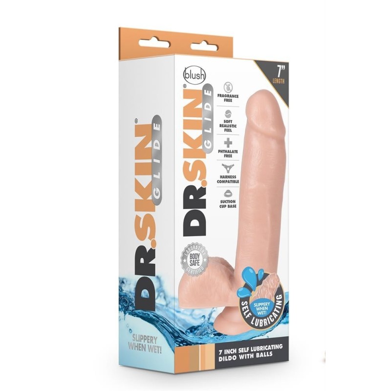 DR SKIN DILDO AUTOLUBRIFICANTE 7" CON TESTICOLI E BASE DI ASPIRAZIONE 18x4cm