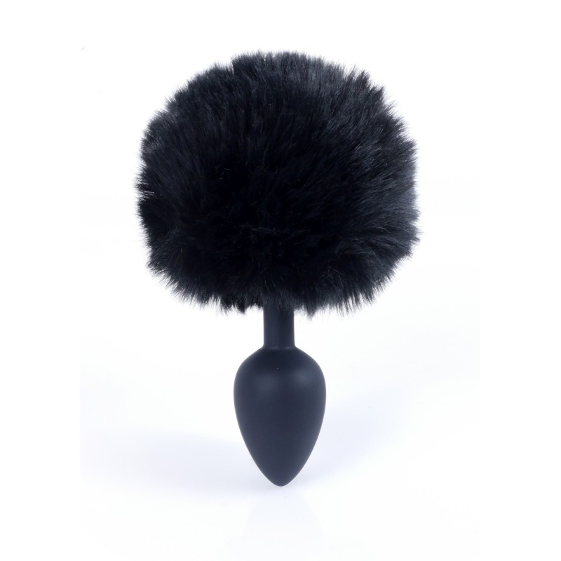 Coda di coniglio nero con tappo anale in silicone S 6,5 x 2,7cm