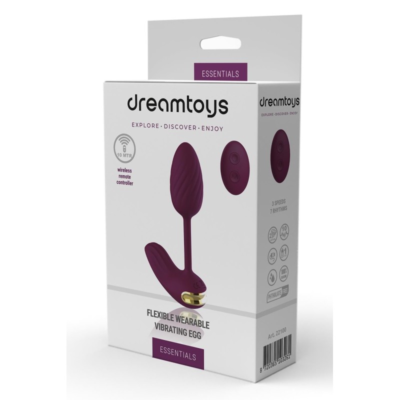 ESSENTIALS FLEXIBLE WEARABLE VIBRATING EGG PURPLE. 10 vibration modes, 2 motors. Remote control. Rechargeable