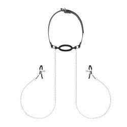 Bavaglio cavo in silicone con morsetti per capezzoli