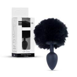 Coda di coniglio nero con tappo anale in silicone S 6,5 x 2,7cm